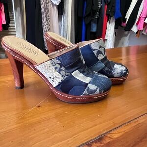 Coach Navy and Brown Patchwork Leather & Fabric Clog Mules
